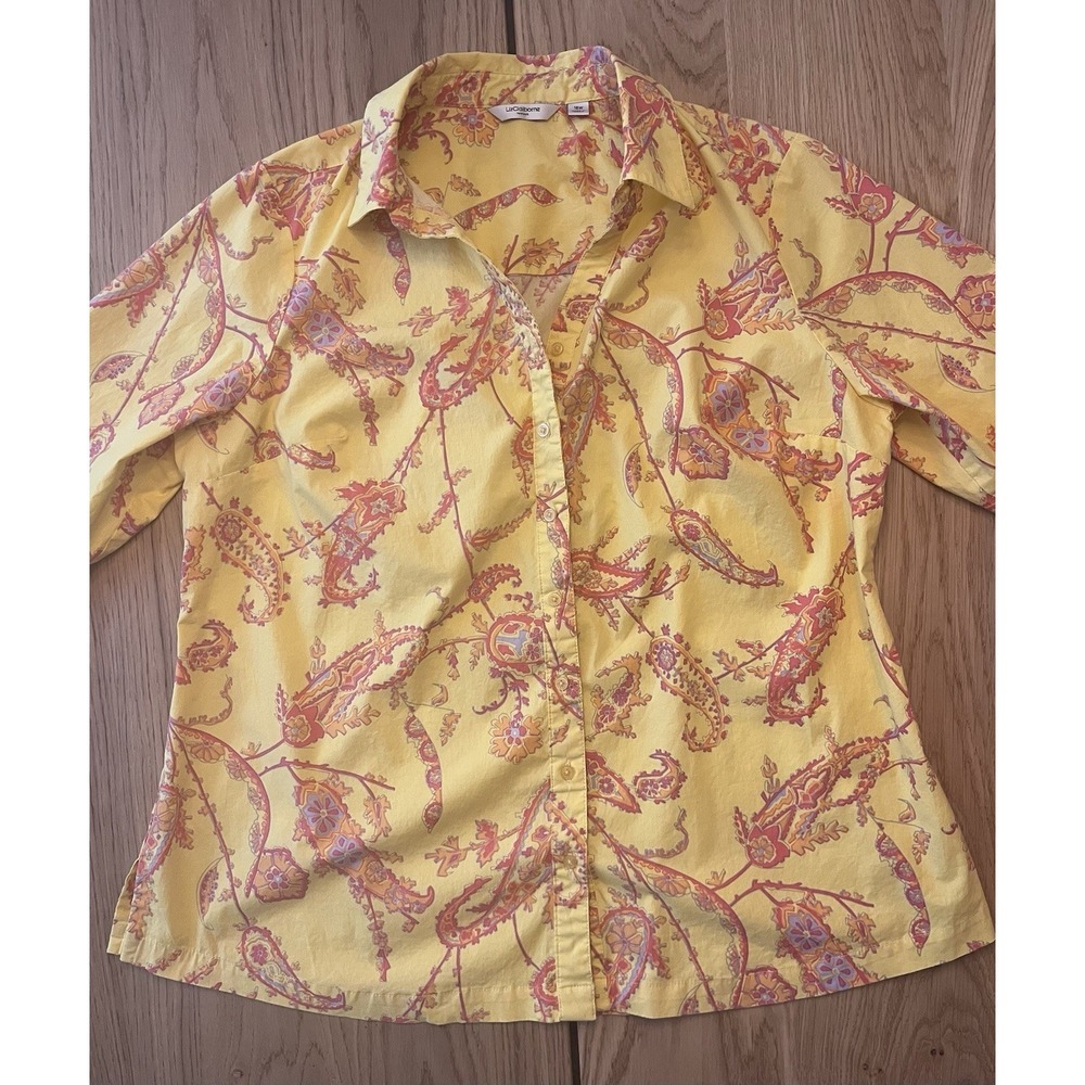 Liz Claiborne Yellow Pasisley Button Up Cotton Blouse 18W XL